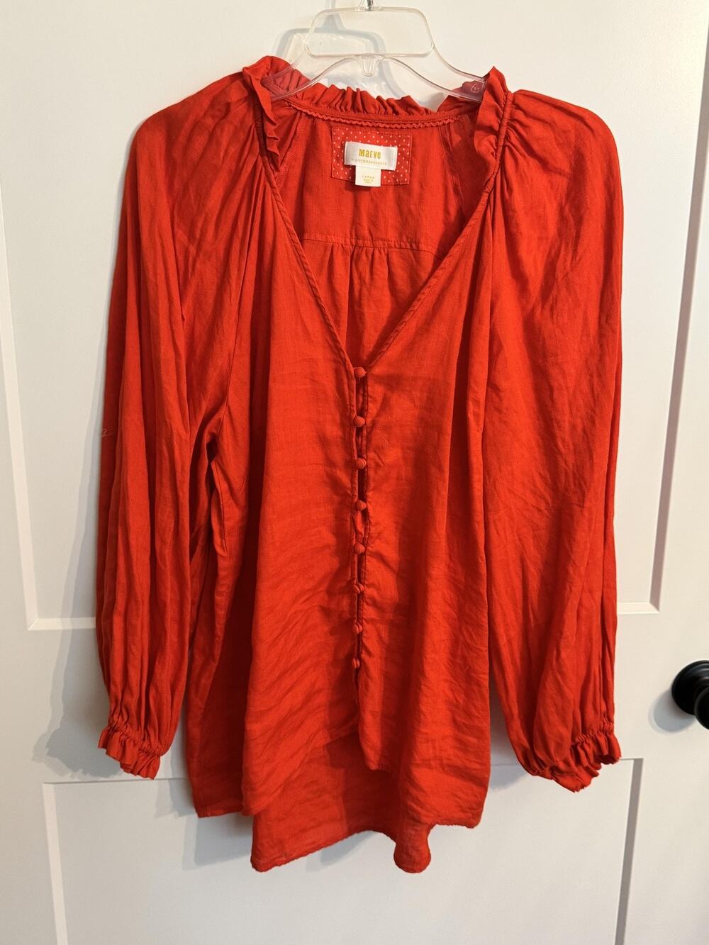 Maeve Tunic Blouse Sz L Orange Linen Ruffle Button Boho Top Resort Old Money